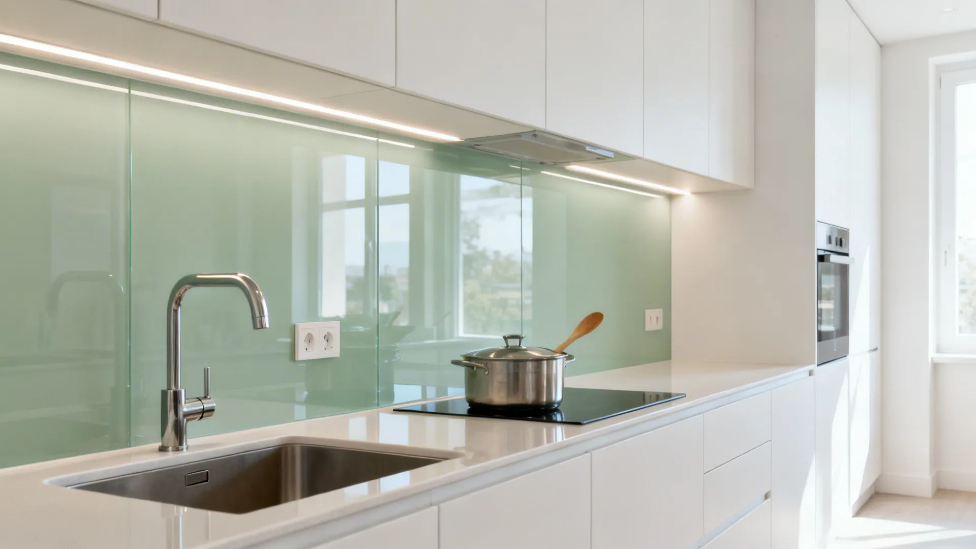 Pale sage back-painted glass backsplash reflecting under-cabinet LEDs in a small kitchen.