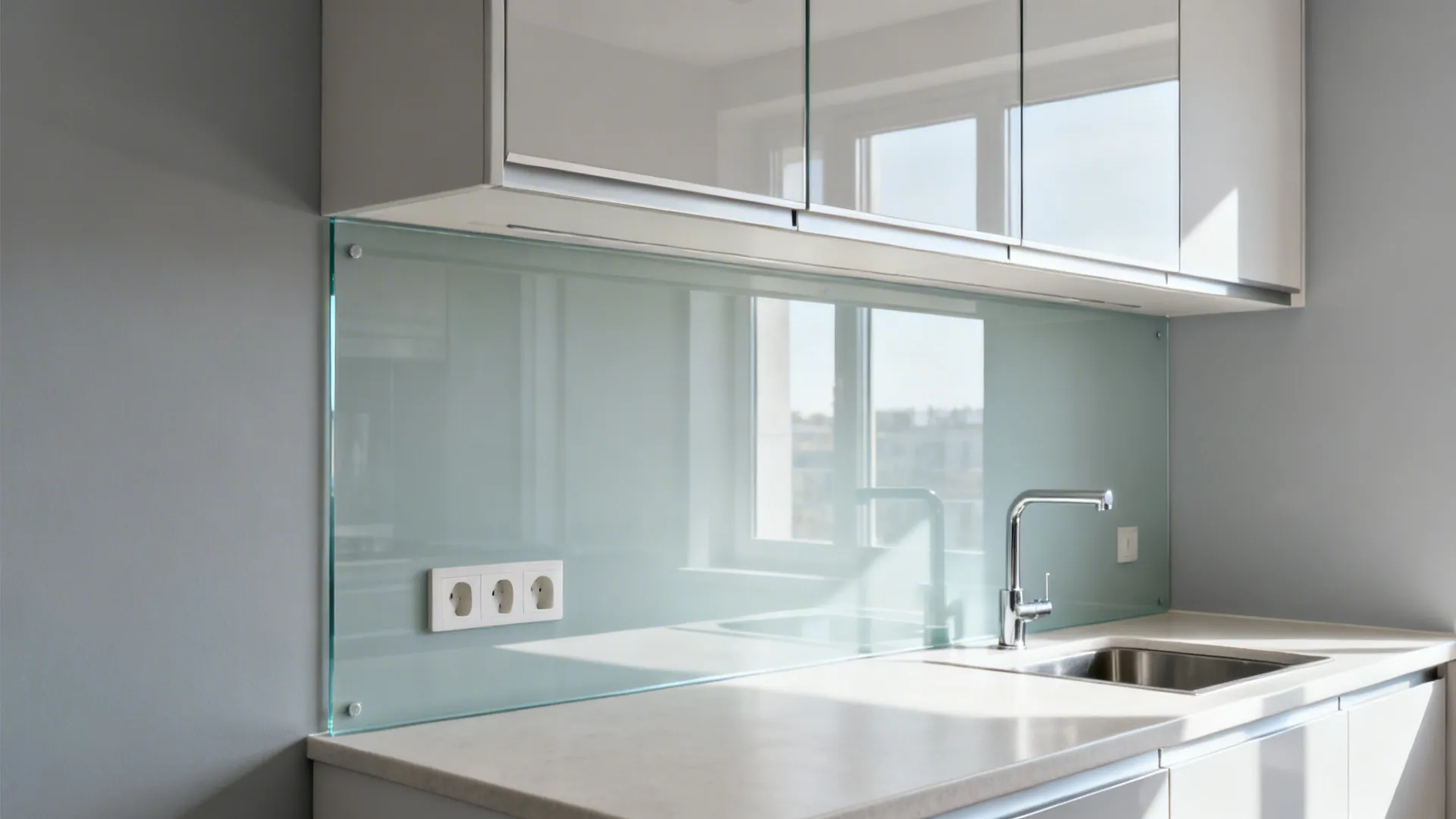 Low-iron tempered glass backsplash over pale gray wall brightens a compact kitchen with crisp reflections.