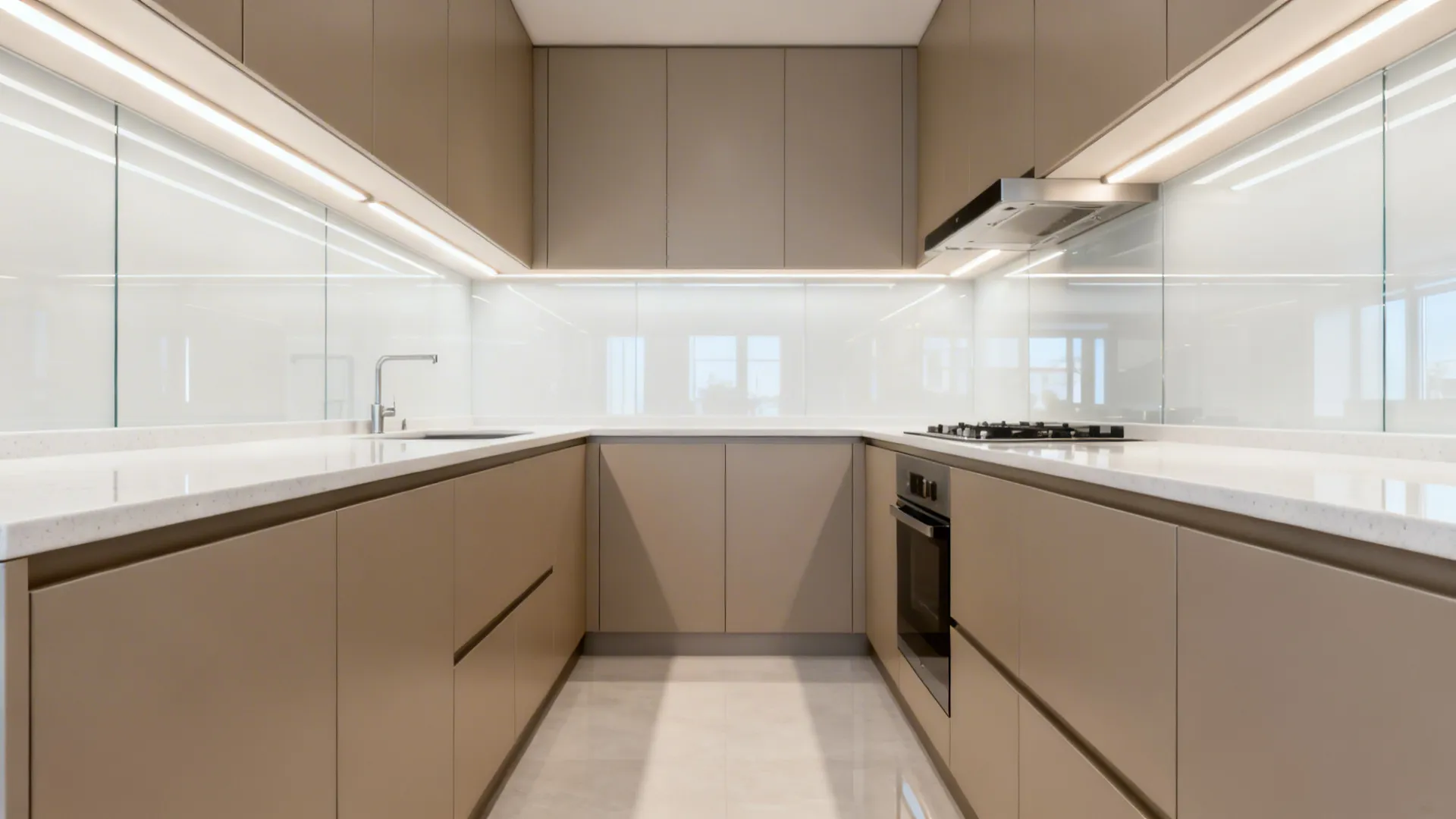 Galley kitchen with a white tempered-glass backsplash and under-cabinet LEDs that bounce light.