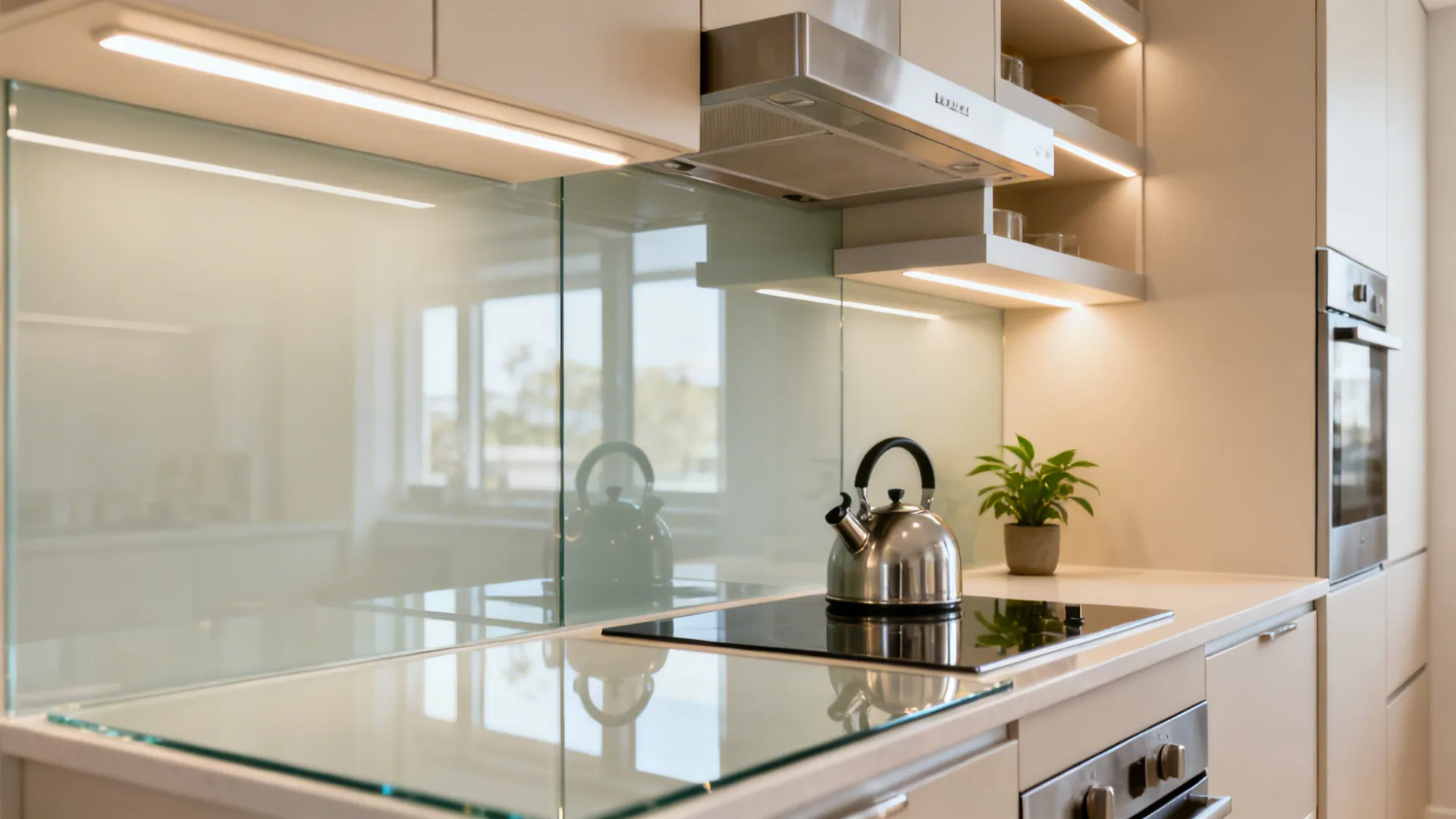 Low-iron glass backsplash reflecting warm under-cabinet LEDs with aligned floating shelves.