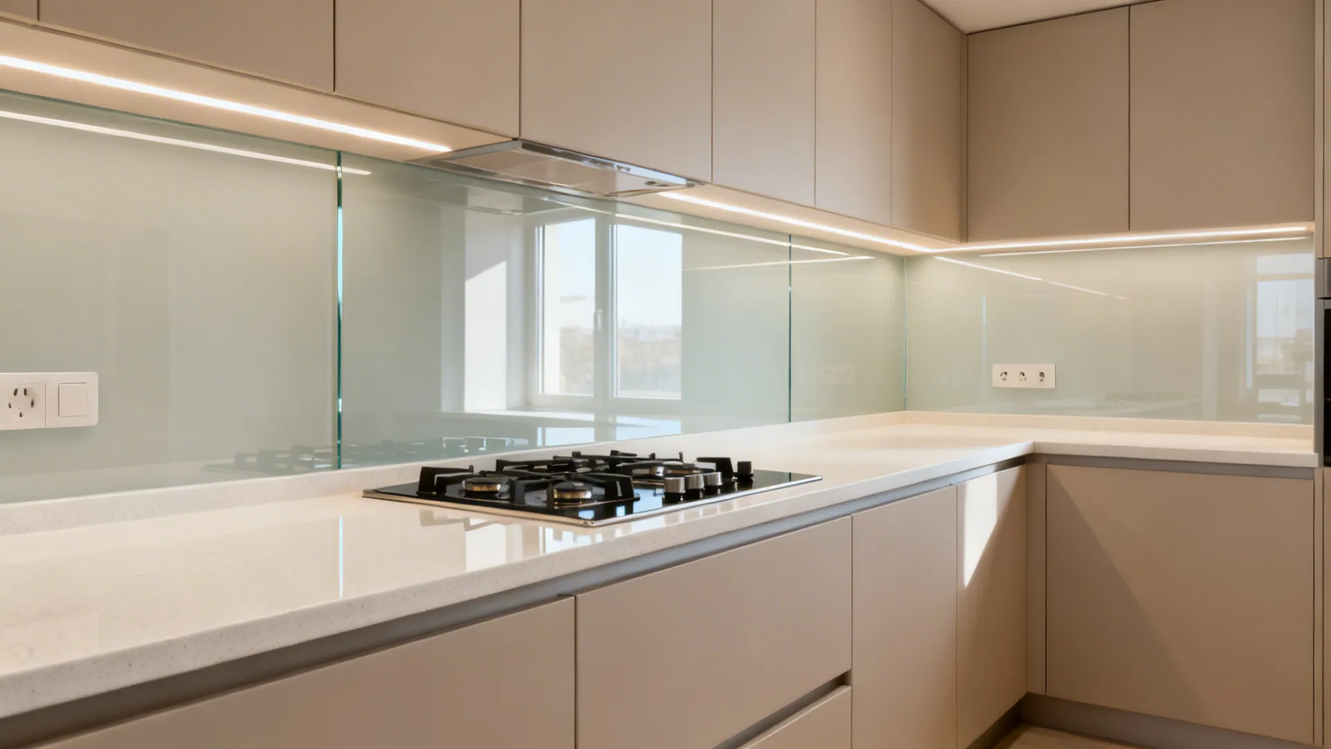 L-shaped kitchen with a pale glass backsplash reflecting light across the main prep run.