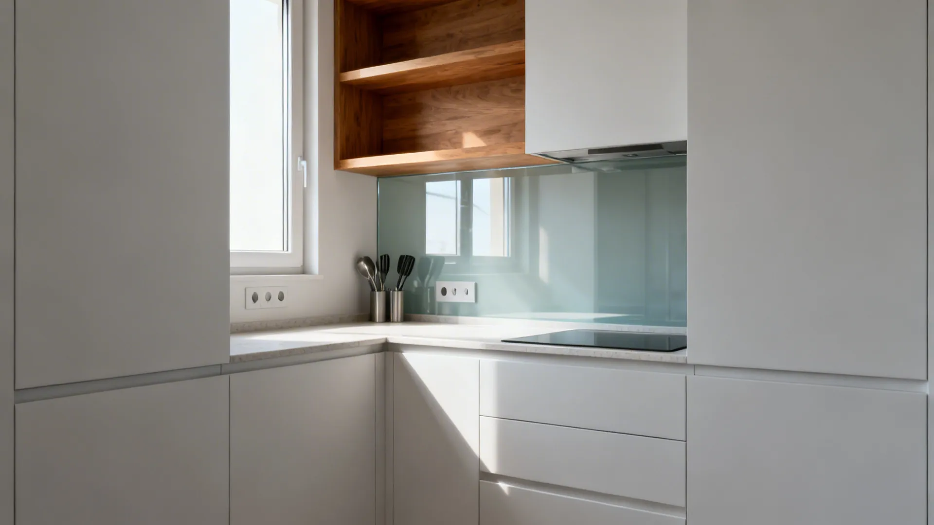 Low-iron glass backsplash reflecting daylight in a compact white modular kitchen.