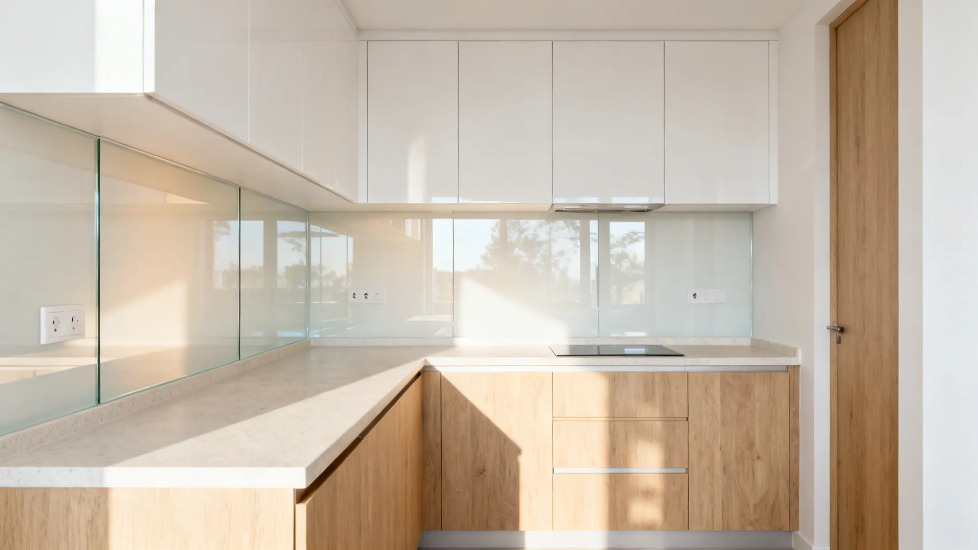 Small galley kitchen featuring a seamless warm white back-painted glass backsplash that reflects daylight.