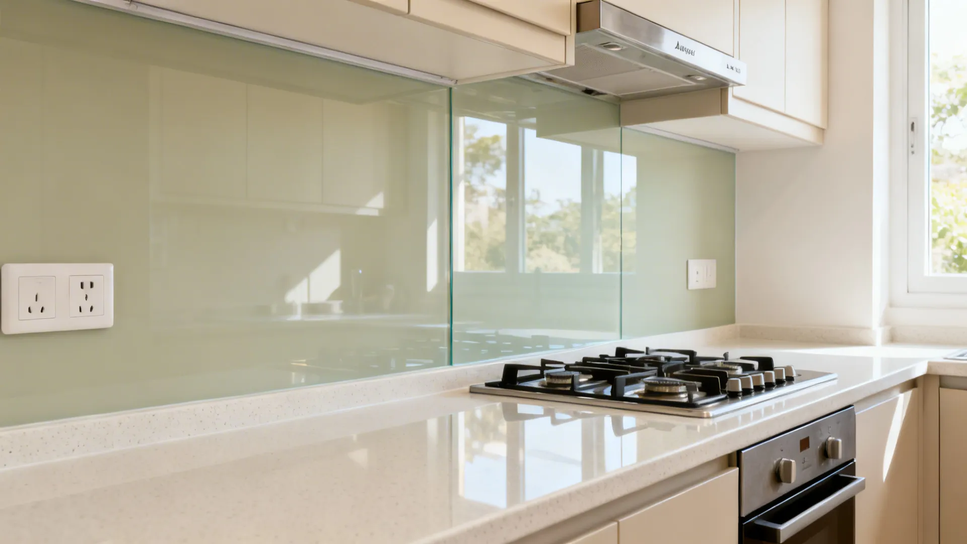 Bright modular kitchen with seamless back-painted glass backsplash and matte cabinets.