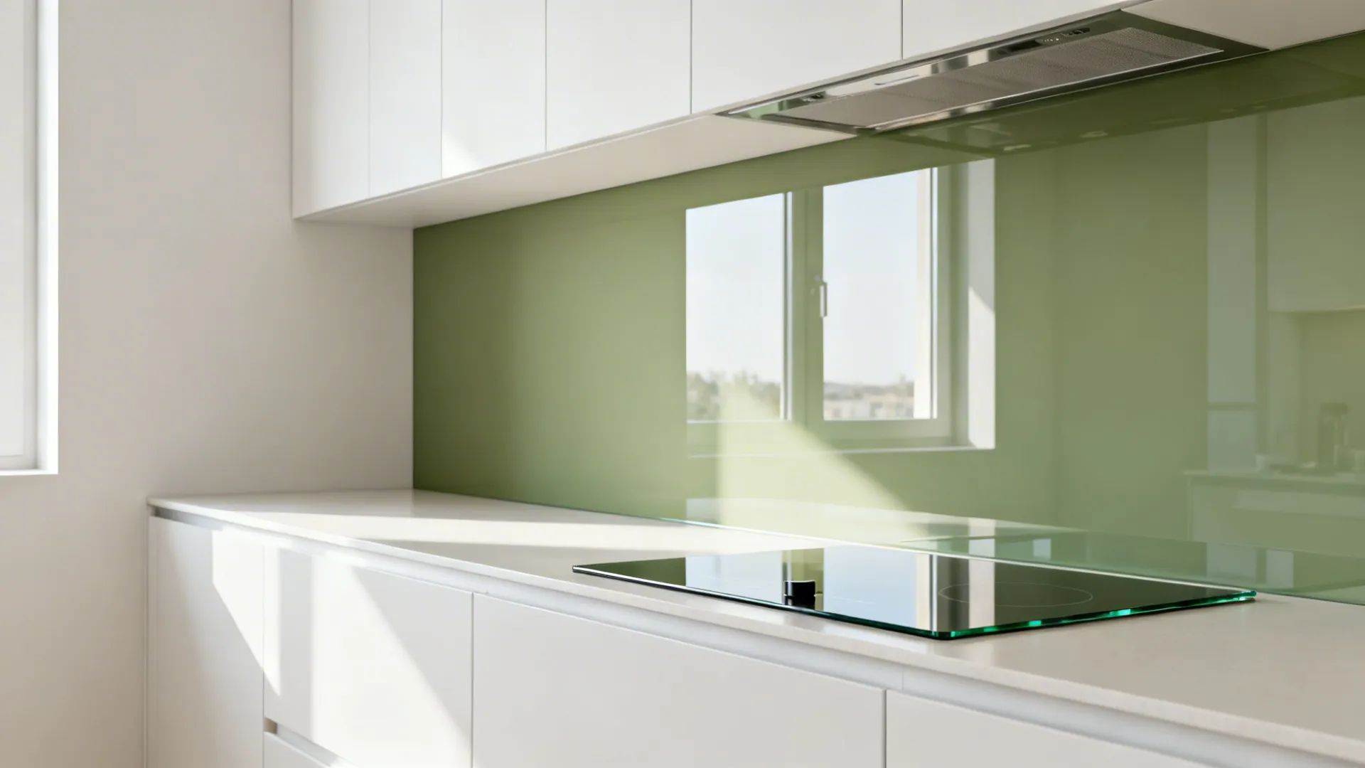 Small kitchen with low-iron eucalyptus green glass backsplash adding reflective depth.