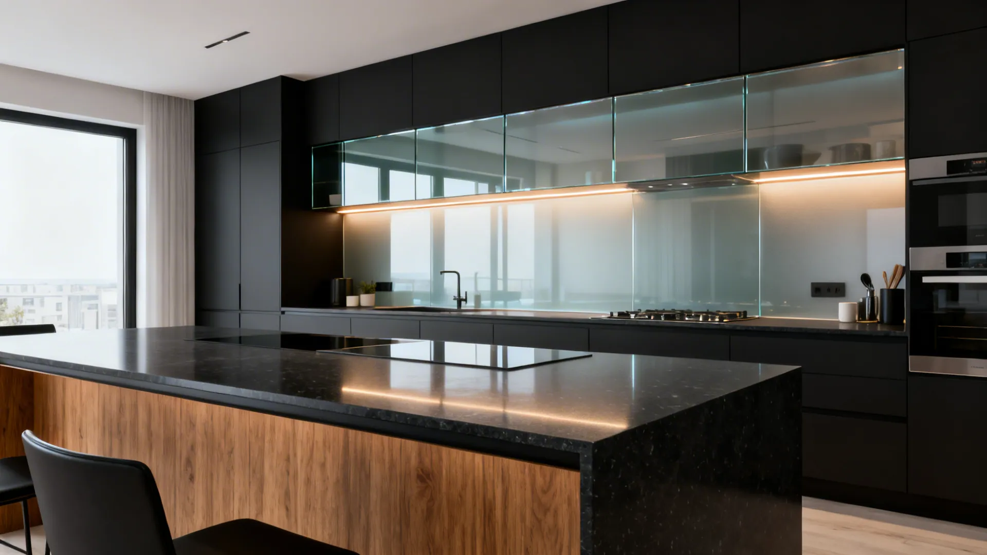 Modern black kitchen with glass backsplash large island with wood base and black stone countertop