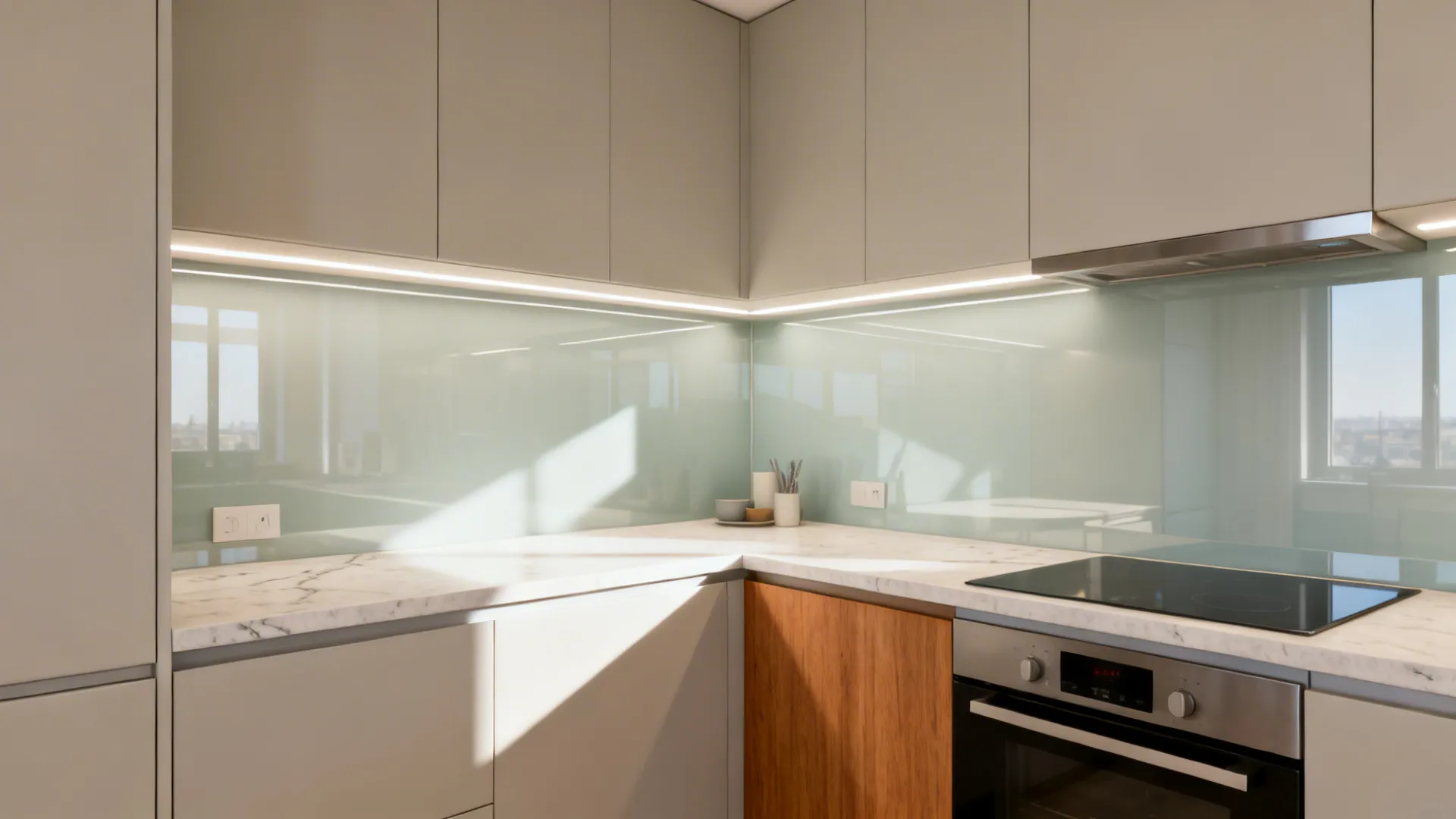 Back-painted glass backsplash reflecting warm LED under-cabinet lights in a compact pale greige kitchen.