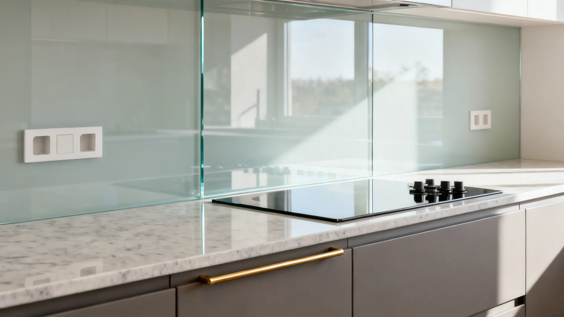 Modern kitchen with marble countertop glass wall panel black stove grey cabinets and gold handle