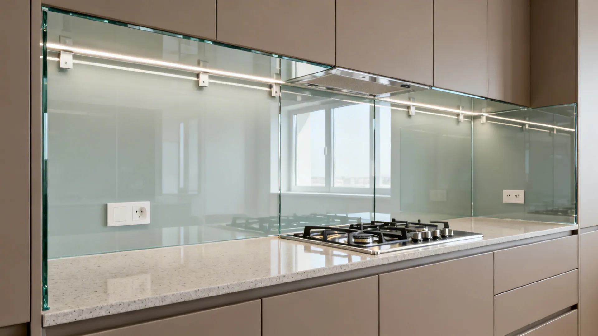 Frameless glass backsplash to widen sightlines