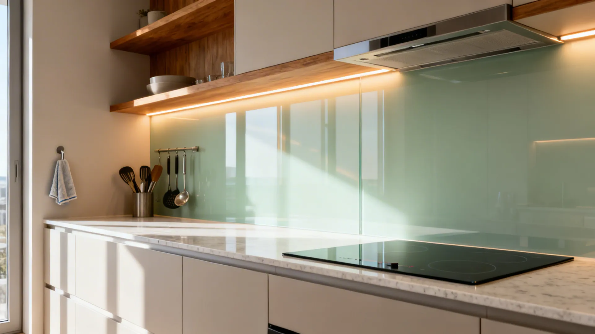 Pale sage glass backsplash glowing under warm LED strips