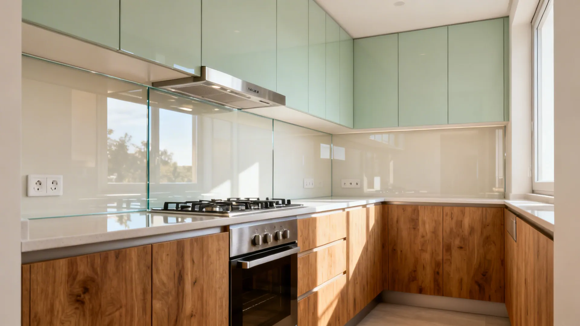 Warm white low-iron glass backsplash brightens a compact HDB kitchen with sage and wood tones.