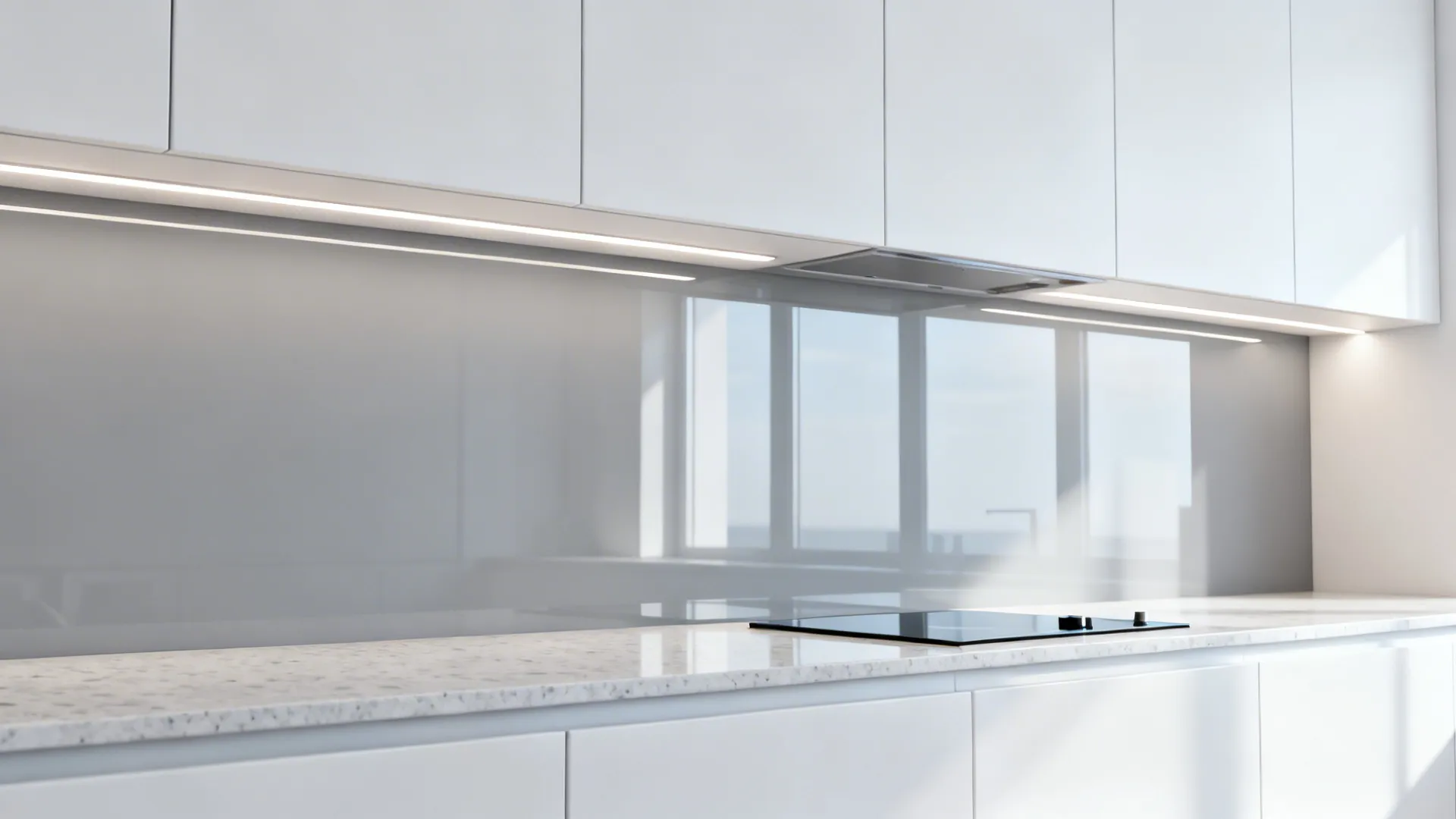 Glass backsplash to bounce light and deepen sightlines