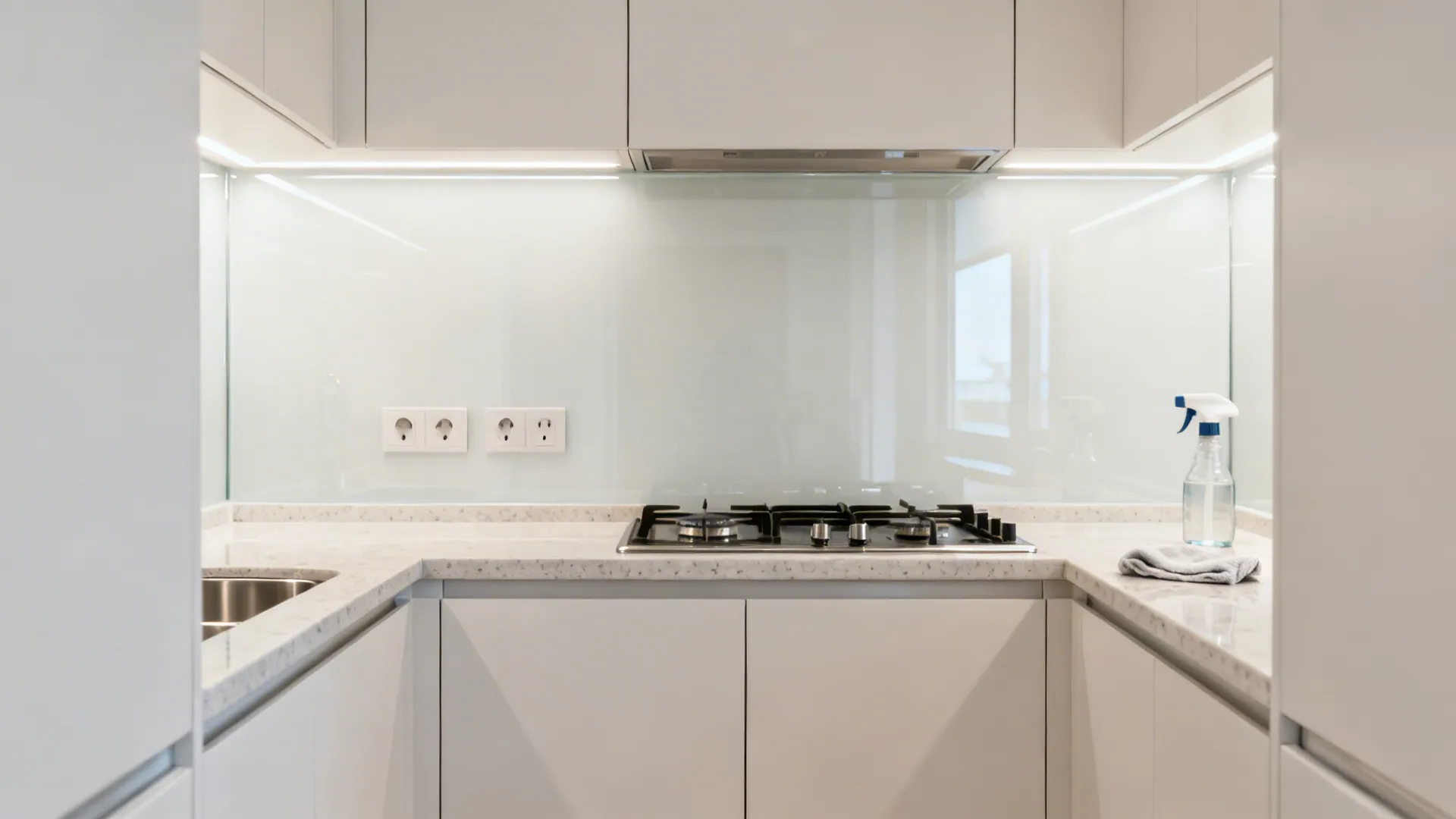 Narrow U-shaped kitchen with a seamless low-iron glass backsplash reflecting soft daylight.