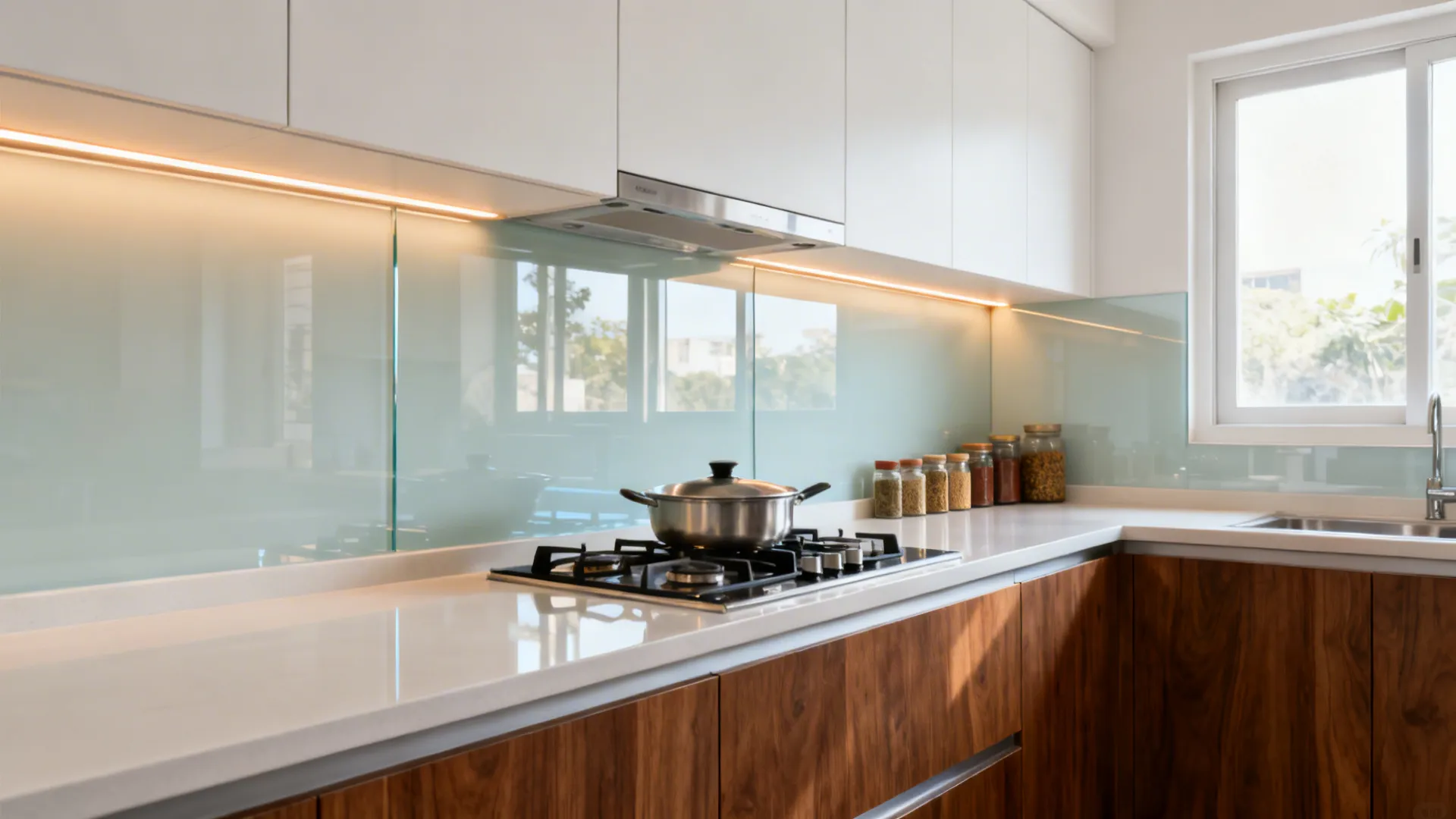 Small galley kitchen with a seamless low-iron glass backsplash reflecting soft daylight.
