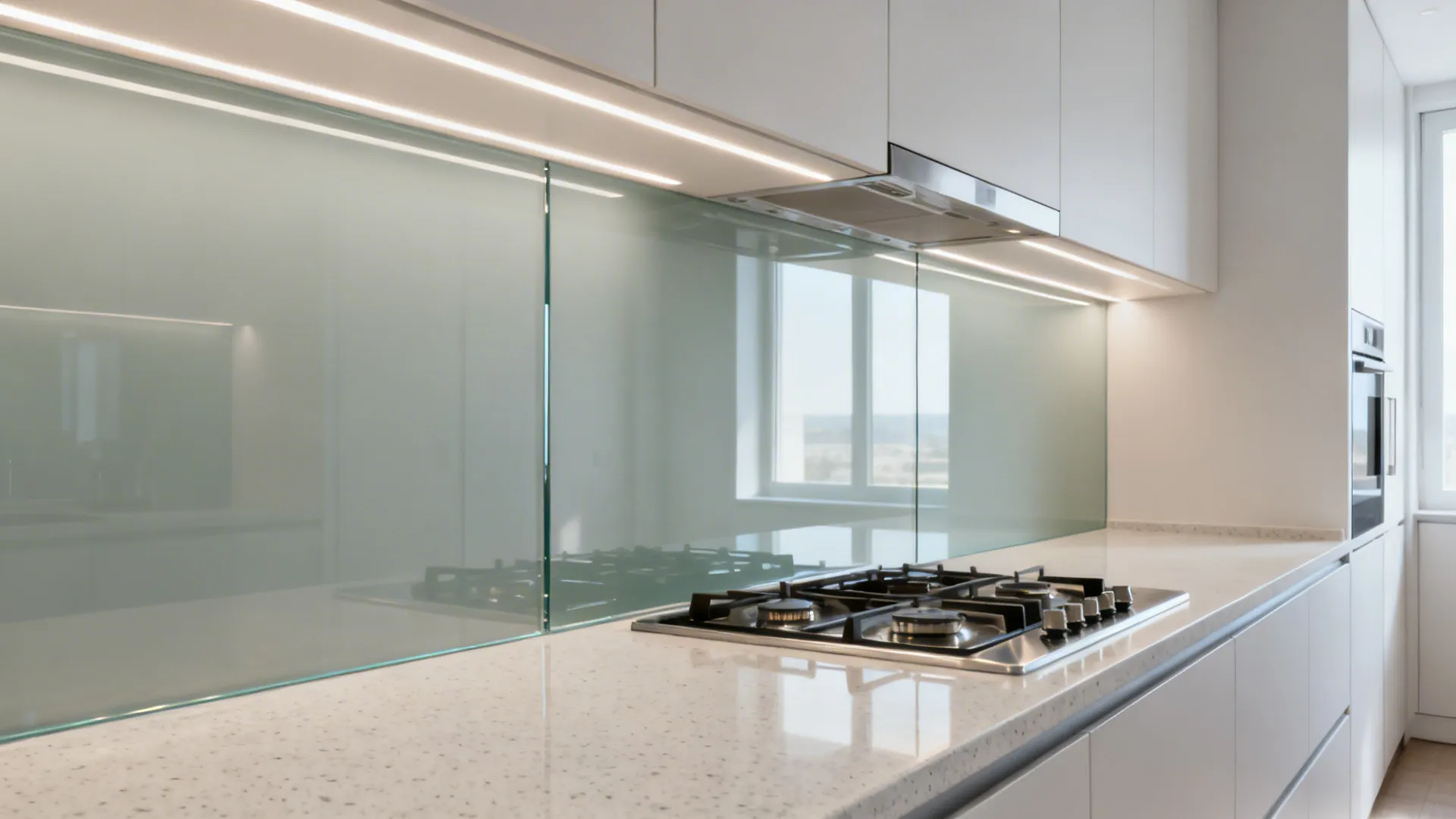 Narrow modern galley kitchen with a back-painted glass backsplash reflecting daylight.