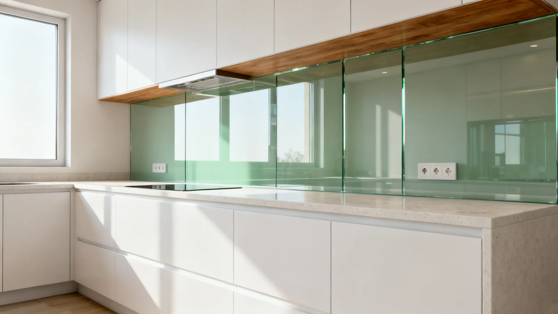 Compact galley kitchen with a low-iron glass backsplash reflecting daylight for a brighter look.