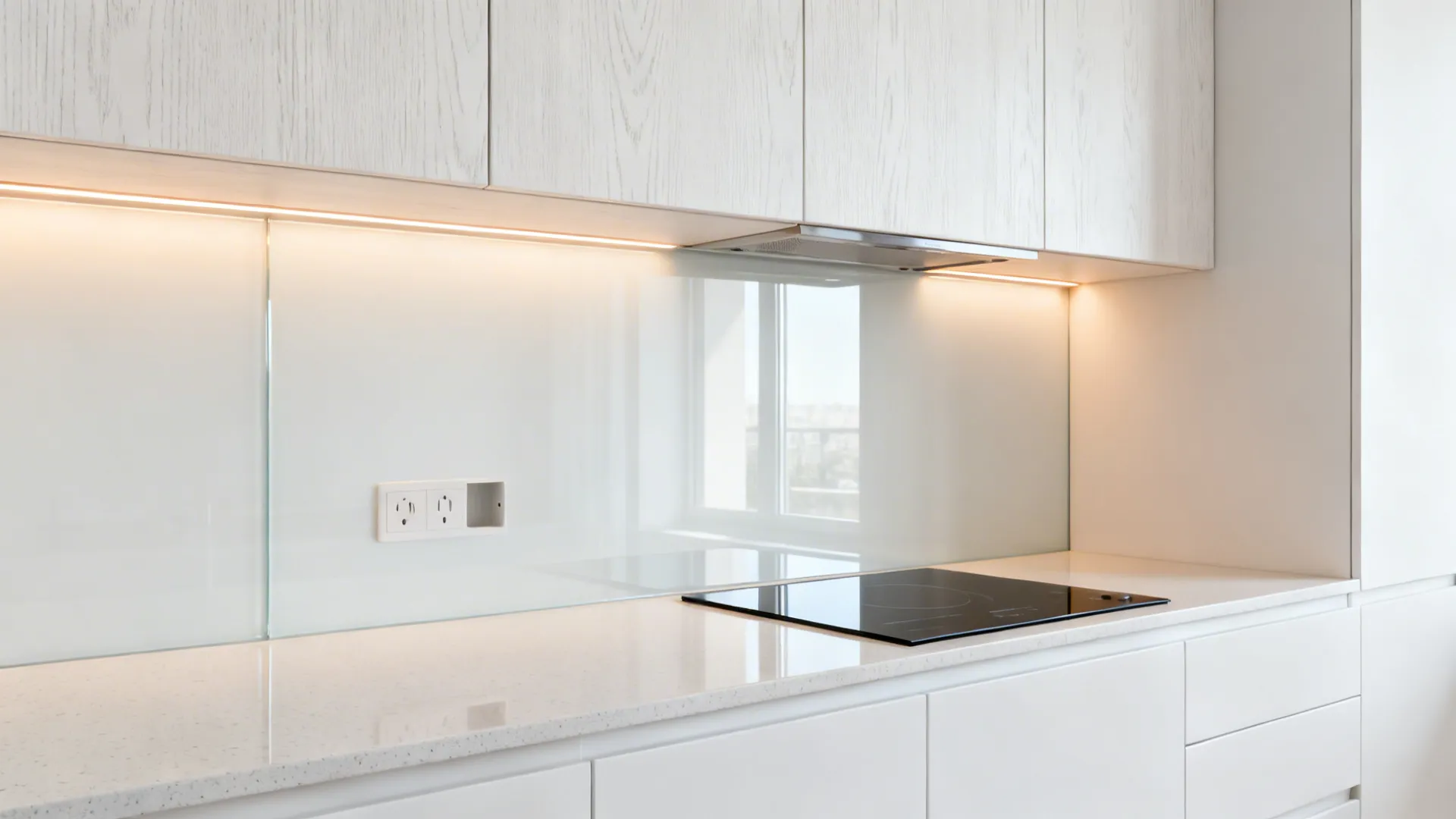 Seamless back-painted glass backsplash reflecting warm LED light in a small kitchen.