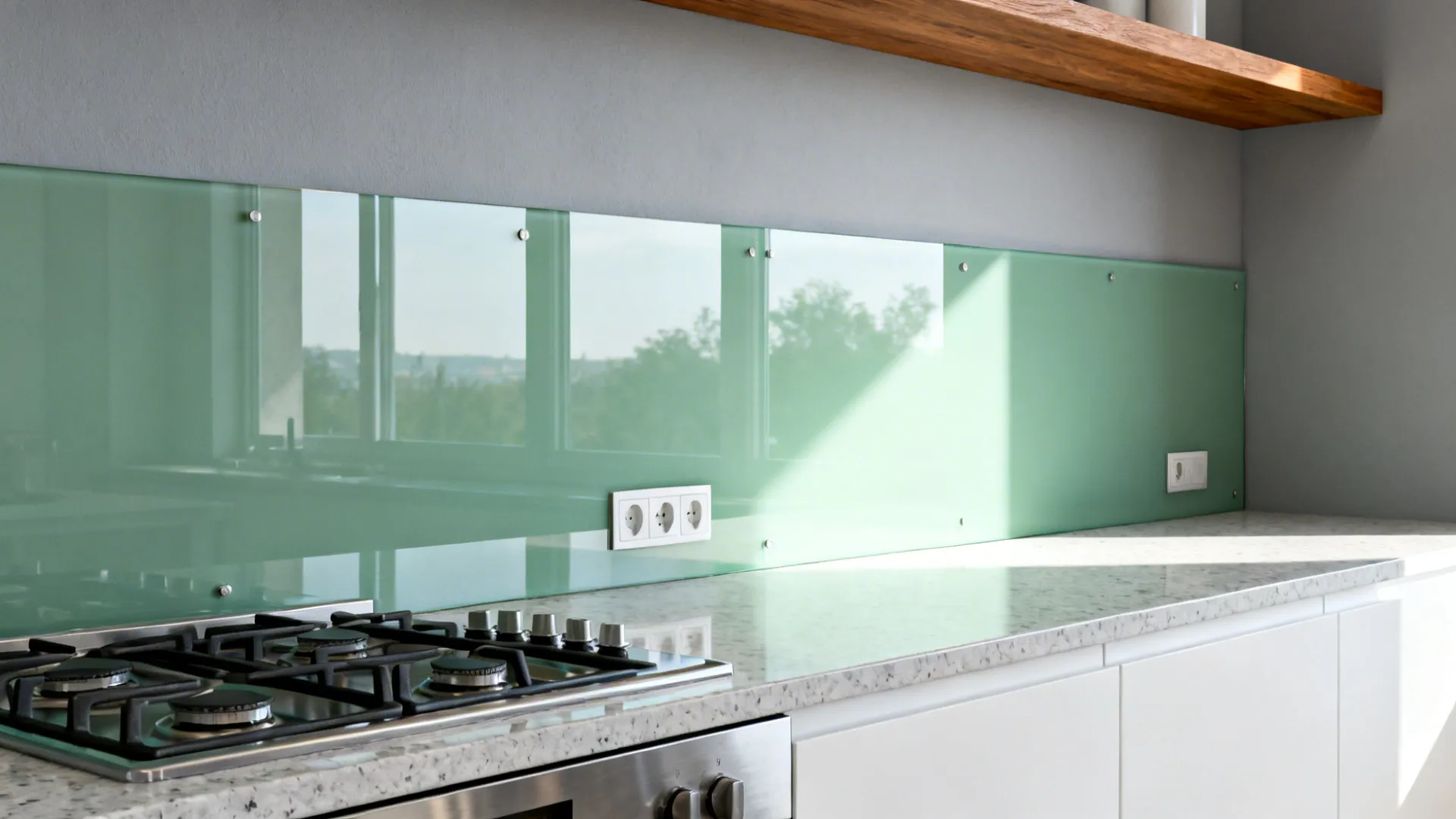 Low-iron glass backsplash over soft gray wall reflecting light above quartz counters and white cabinets.