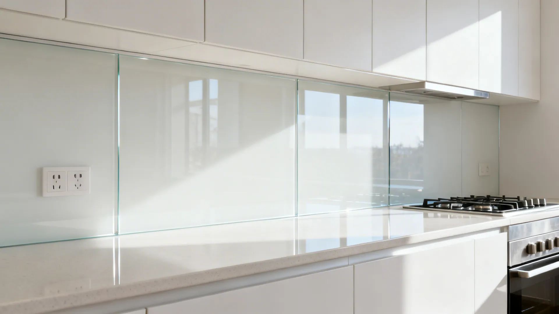 Low-iron back-painted glass backsplash reflecting light in a compact kitchen with matte cabinets.