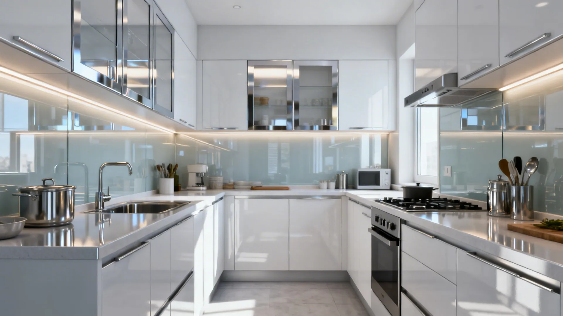 Small galley kitchen with back-painted glass backsplash and shallow upper cabinets reflecting soft daylight.