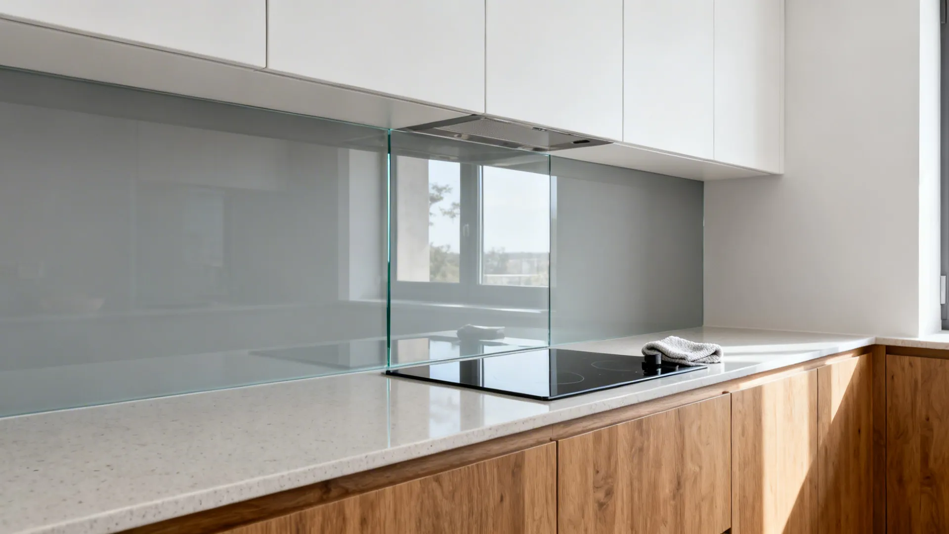 Glass backsplash for airy light and easy cleaning
