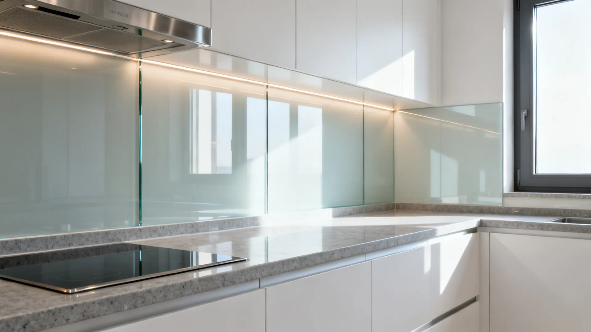 Small galley kitchen with a low-iron glass backsplash reflecting daylight for a brighter feel.