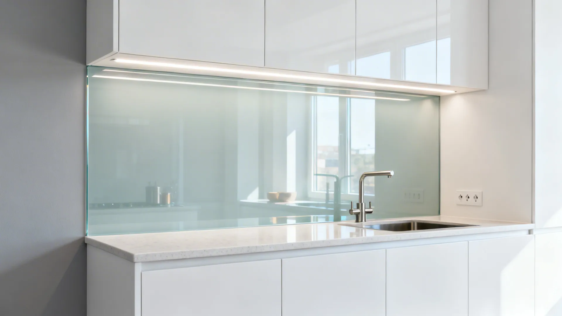 Low-iron glass backsplash over a pale gray wall with warm task lighting in a compact kitchen.