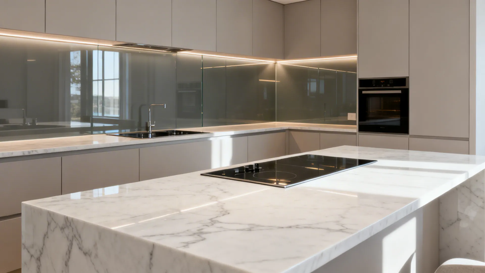 Modern kitchen featuring marble island with black stovetop plus grey cabinets and reflective glass backsplash