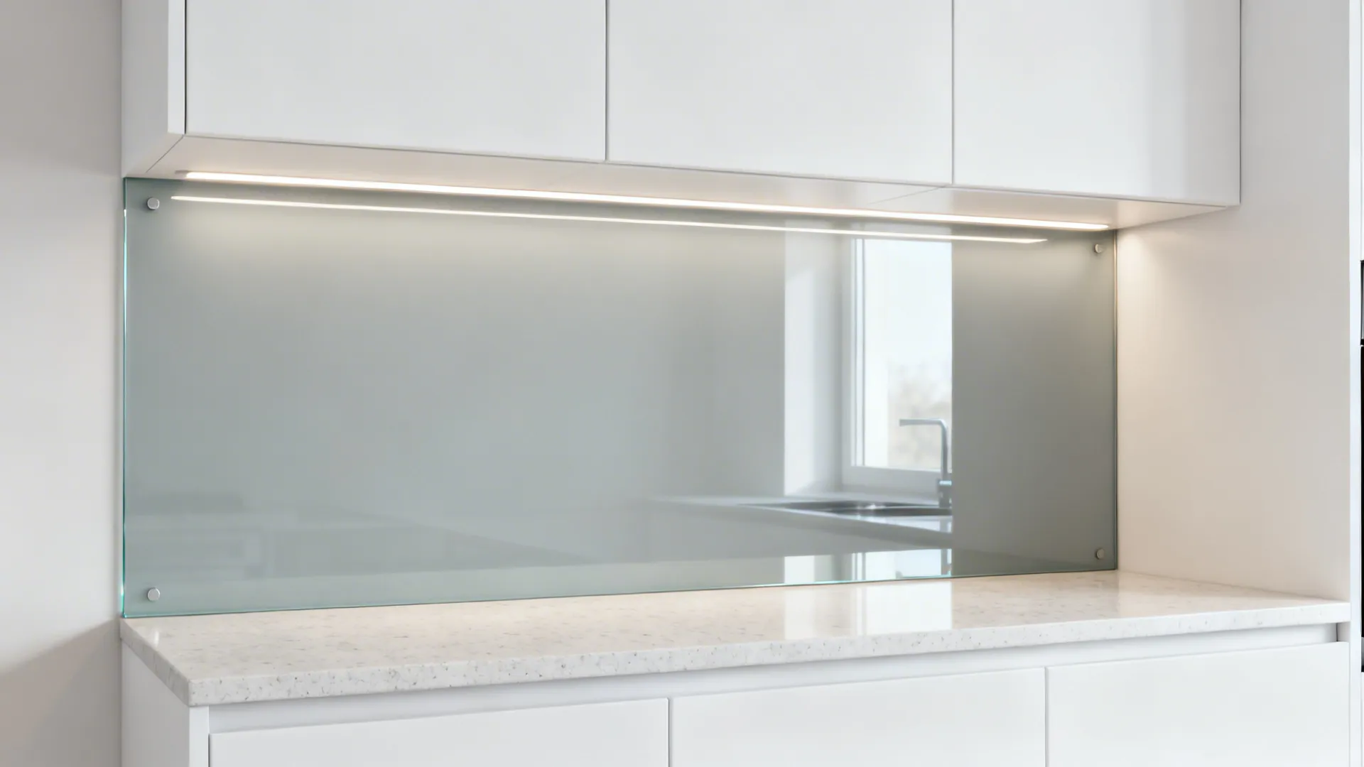 Compact kitchen with a single tempered glass backsplash panel reflecting under-cabinet light.