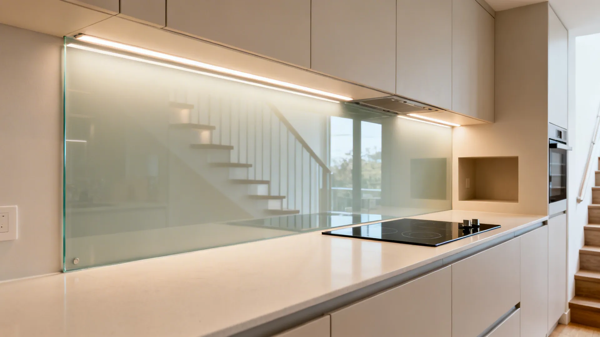 Under-stair kitchen with low-iron glass backsplash and integrated LED lighting