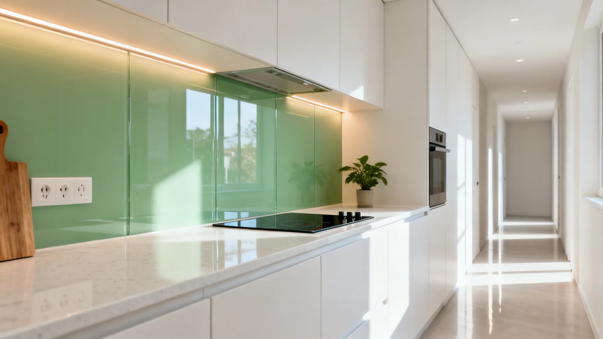 Pale green glass backsplash reflecting under-cabinet light in a slim white kitchen.