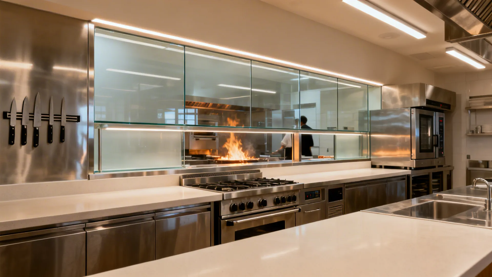 Commercial cook line with a low-iron tempered glass backsplash and matte task lighting.