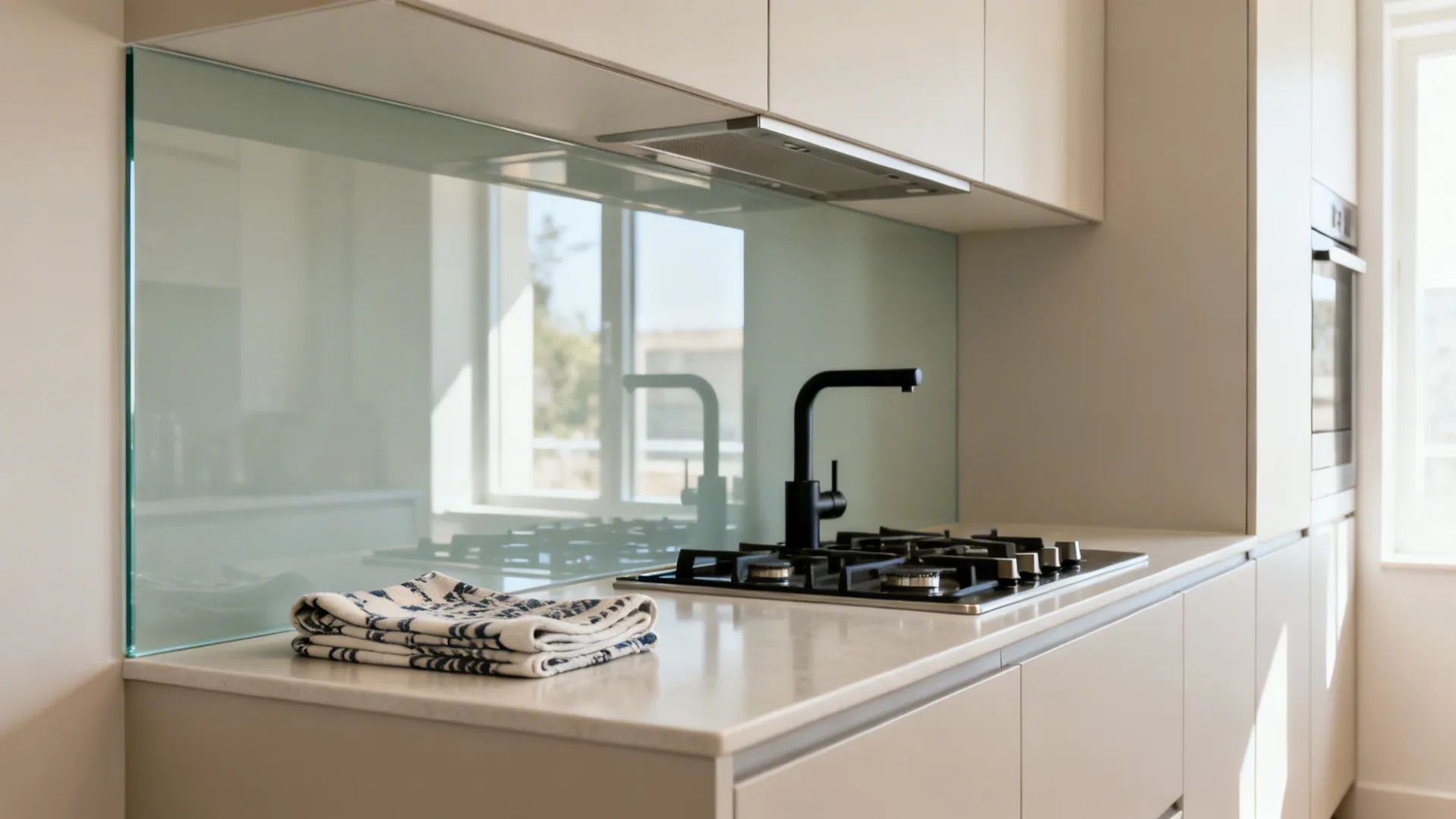 Small galley kitchen with a tempered glass backsplash panel and soft daylight reflections.
