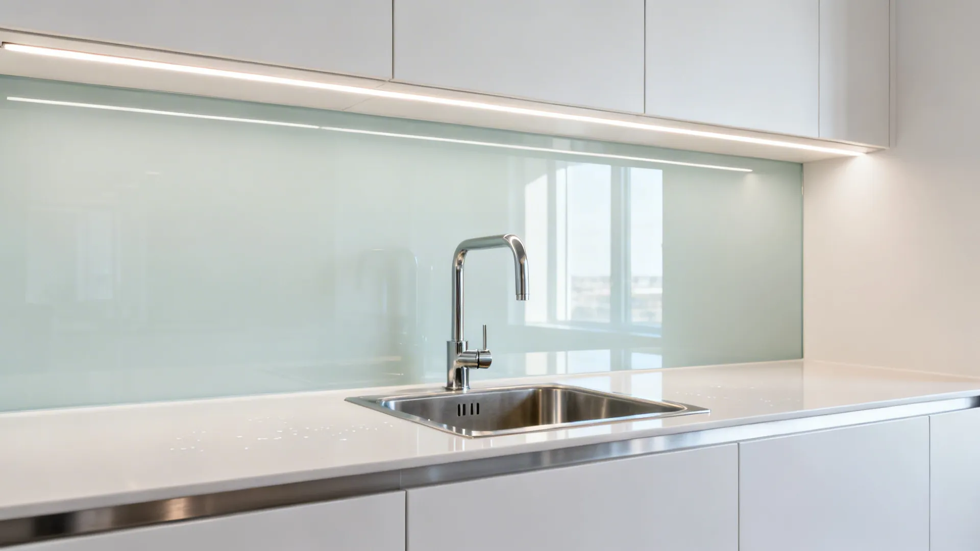 Back-painted tempered glass backsplash reflecting light behind a compact kitchen sink.