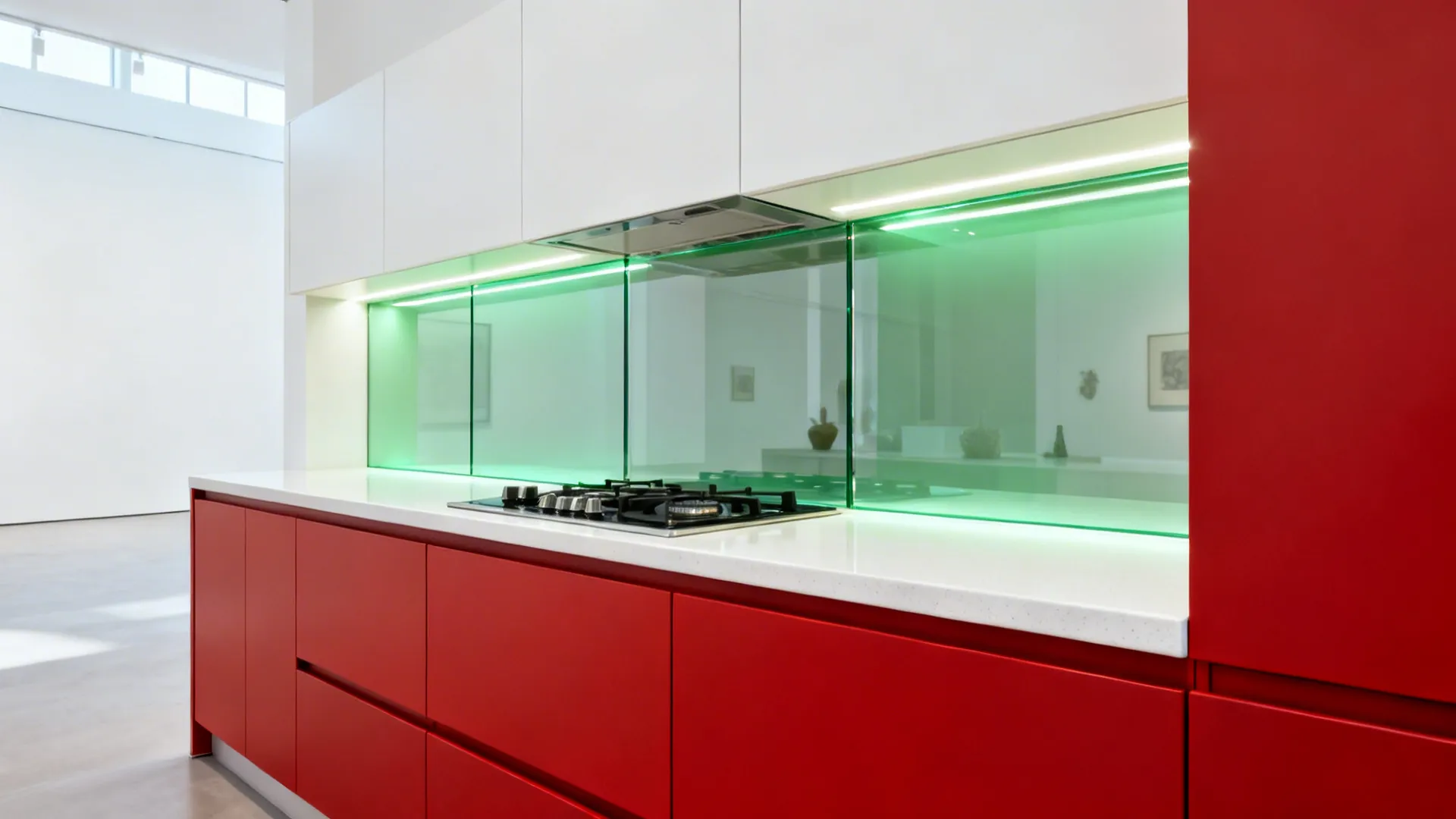 Small kitchen with low-iron glass backsplash paired with red bases and white uppers.