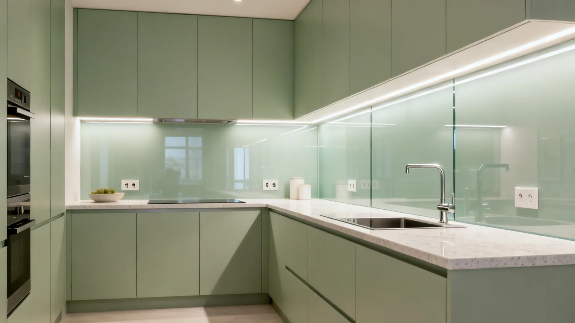 Modern kitchen featuring green cabinets glass backsplash white stone countertop sink and built in oven