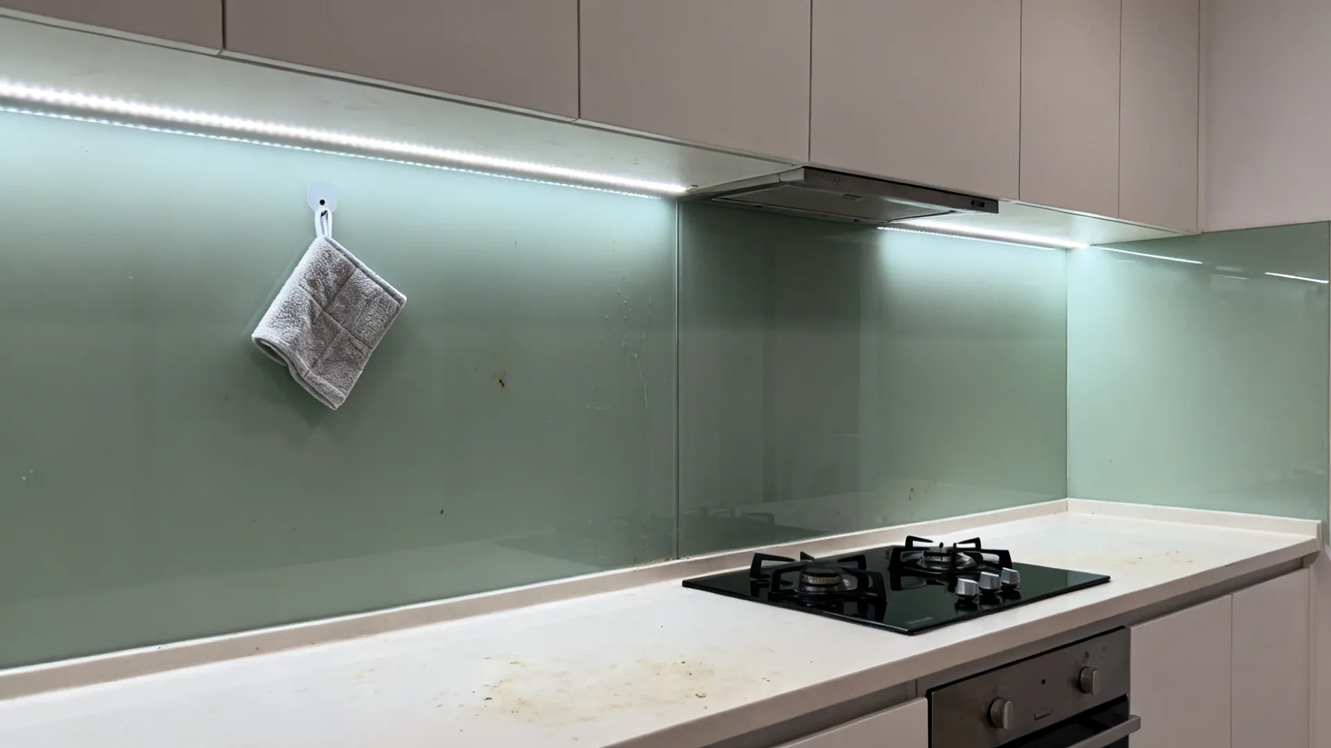 Tempered glass backsplash with soft color backing and under-cabinet LED, brightening a compact kitchen wall.