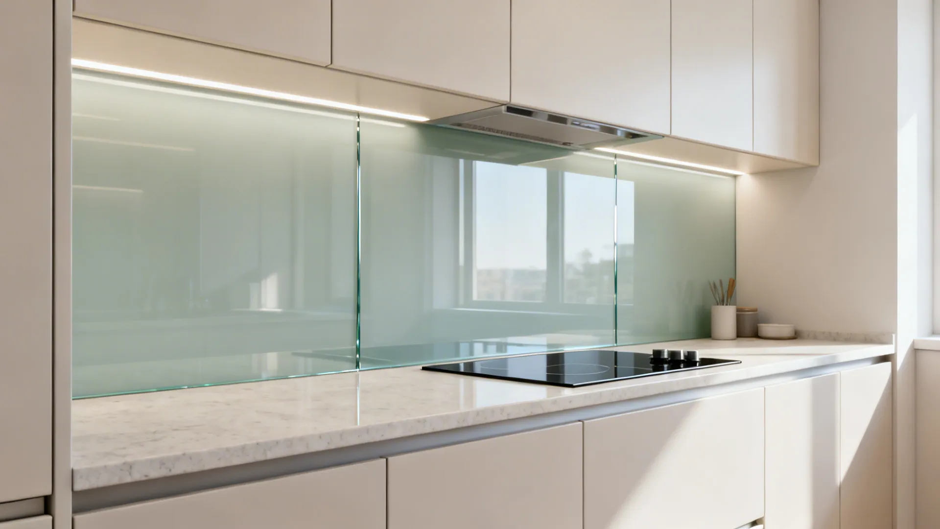 Glass backsplash for a lighter cupboard wall