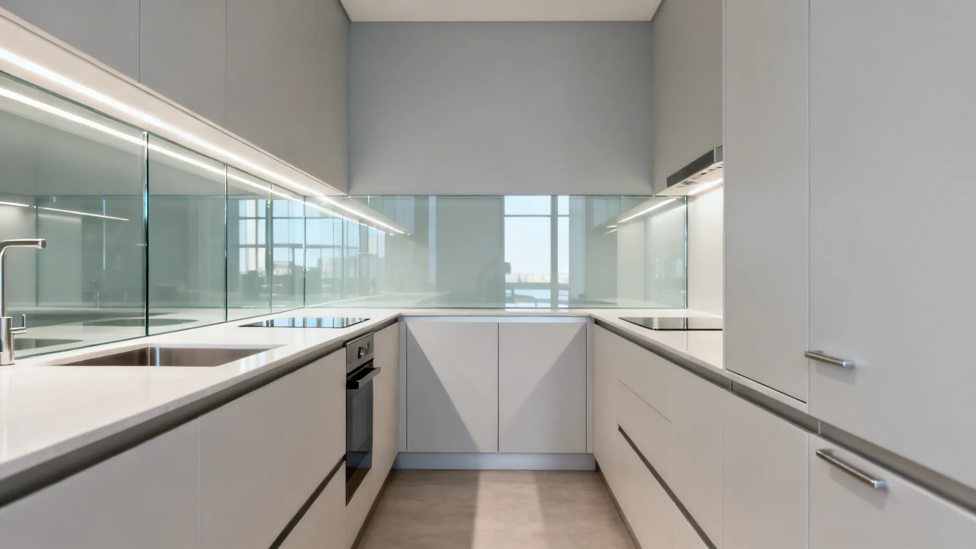 Narrow galley kitchen with a low-iron tempered glass backsplash reflecting soft light.