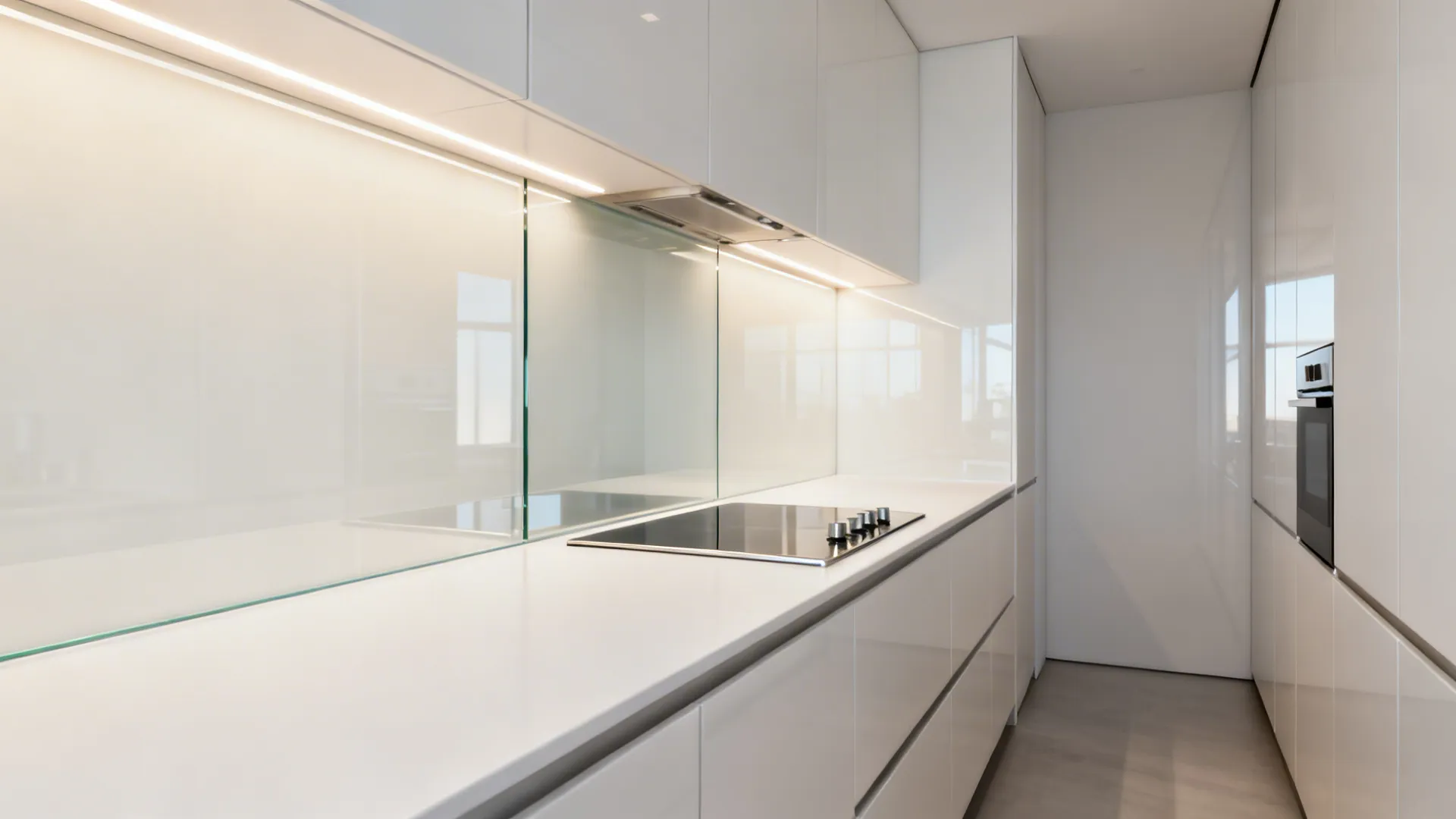 Warm white low-iron glass backsplash panel reflecting light in a narrow galley kitchen.