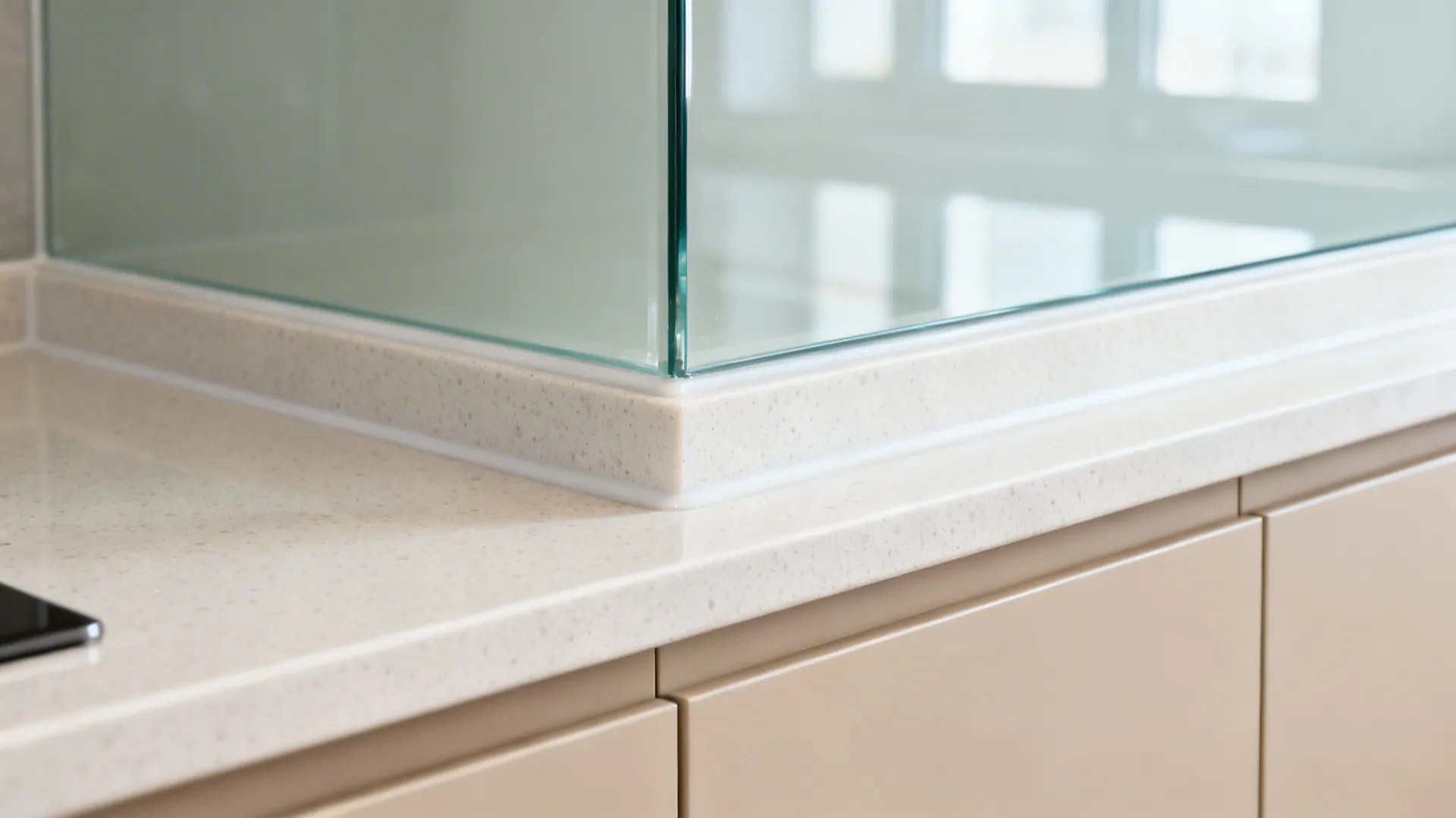 Macro of glass backsplash and quartz countertop with clean joint and soft reflections.