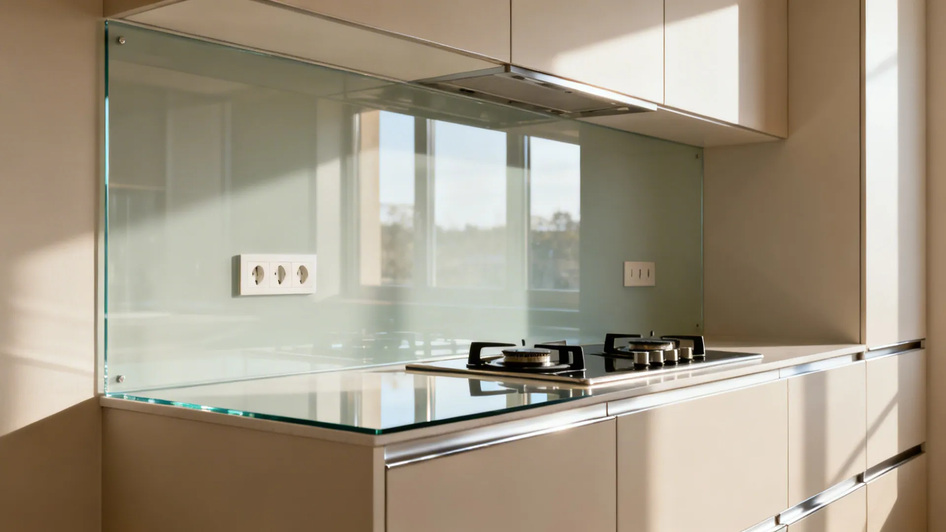 Small kitchen with a single-sheet low-iron glass backsplash behind a two-burner cooktop.