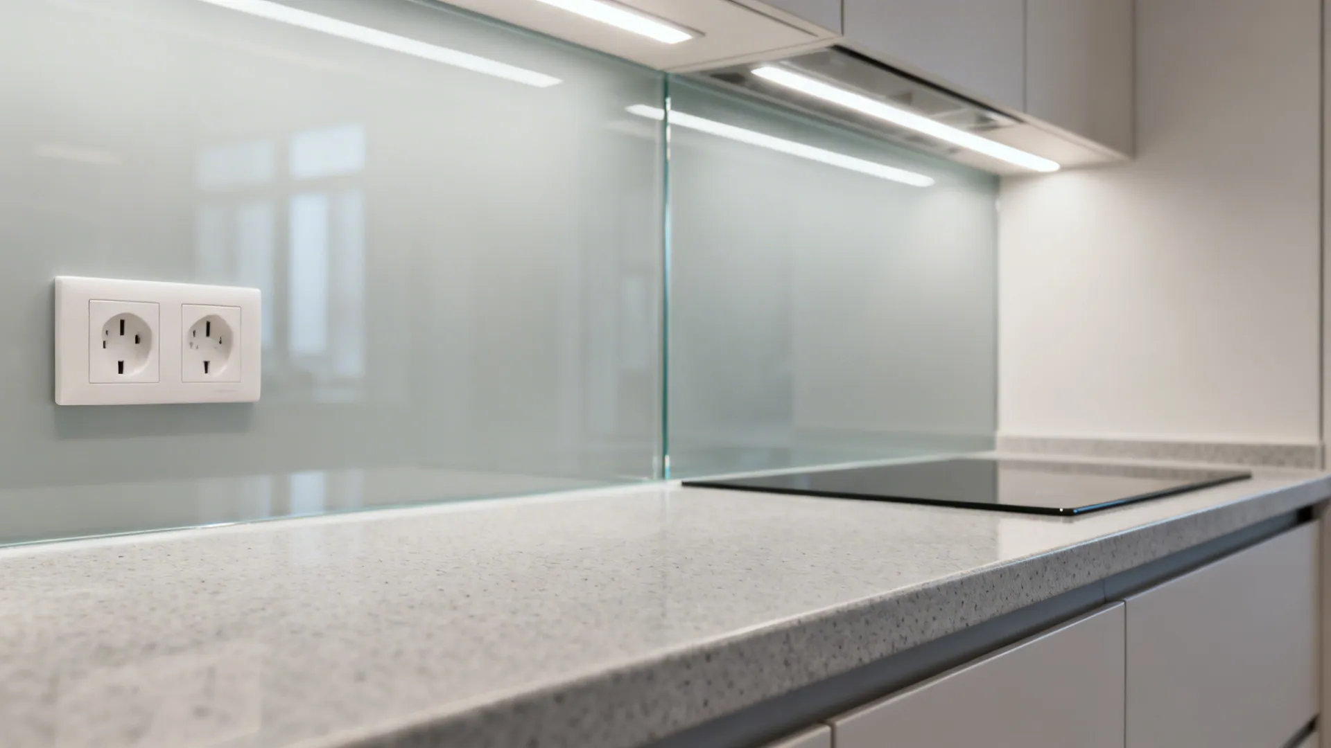 Macro of low-iron back-painted glass backsplash with clean edges and soft reflections.
