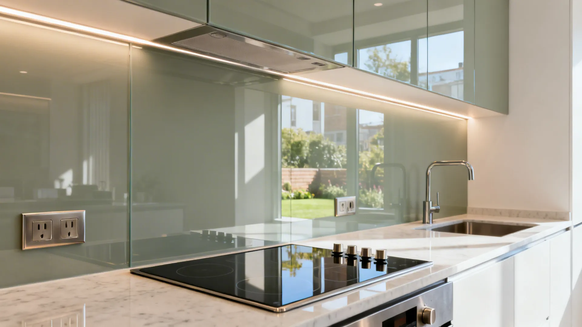 Soft sage back-painted glass backsplash with warm LED strips brightens a compact kitchen.