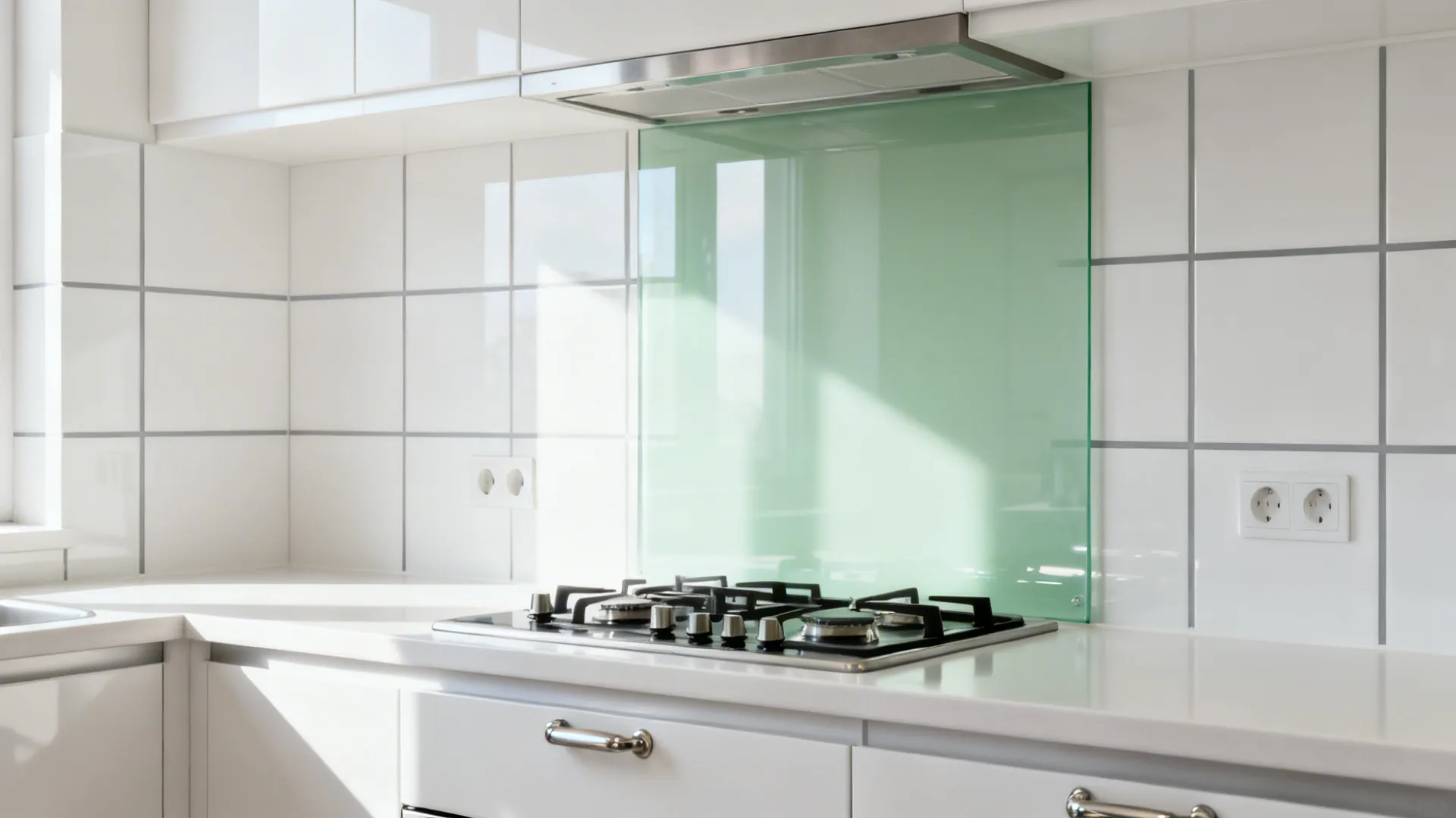 Pale sage back-painted glass backsplash reflecting daylight in a compact modern kitchen.