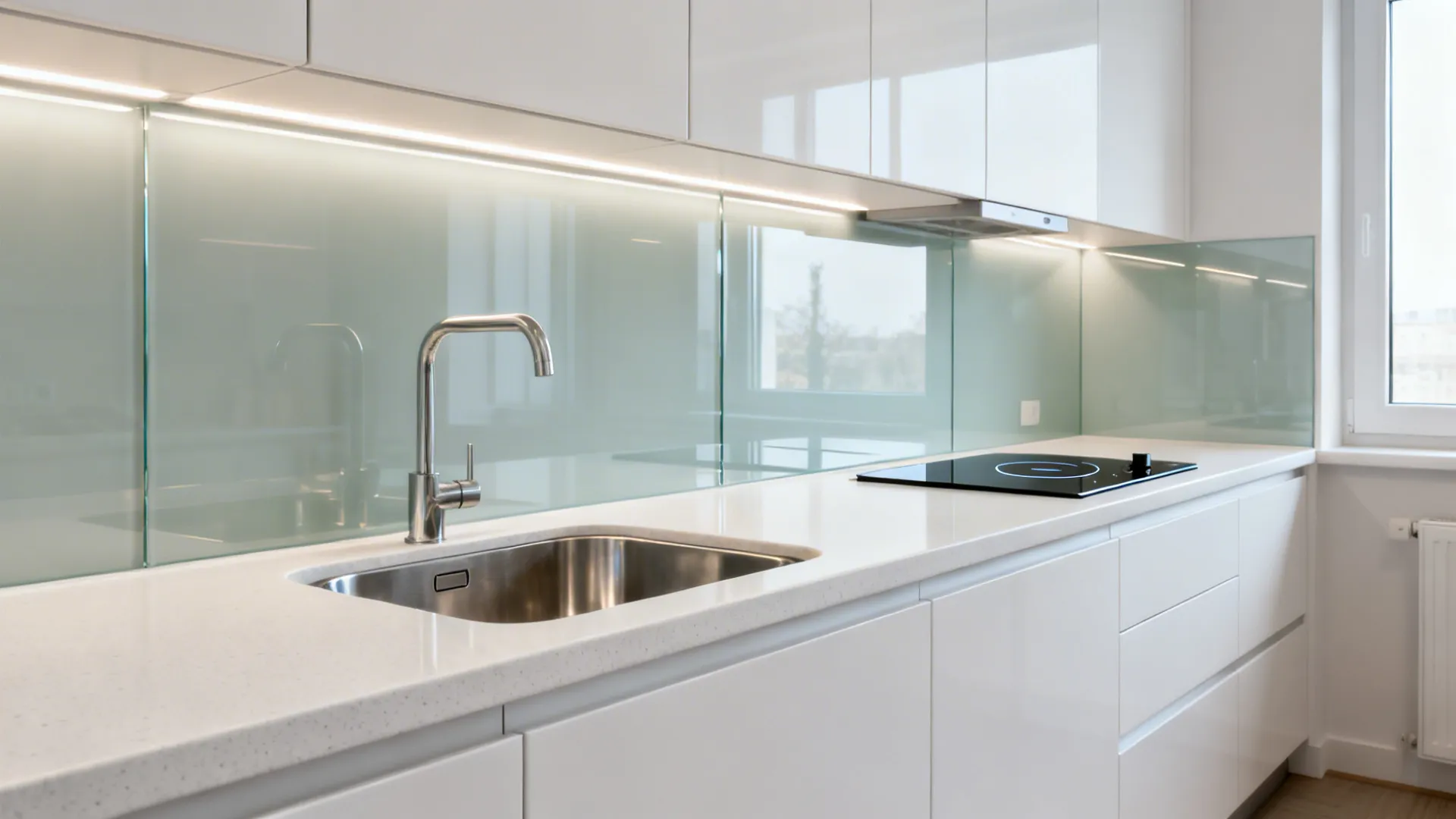 Continuous low-iron glass backsplash reflects LED task light in a bright small galley kitchen.