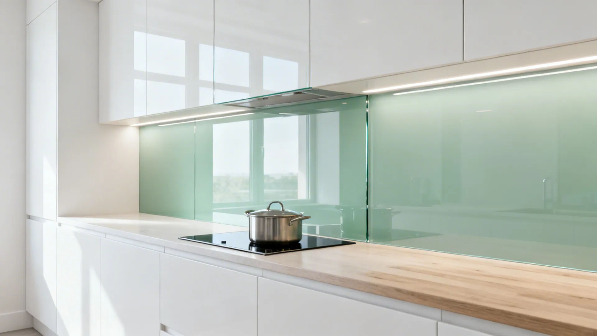 Modern kitchen with white cabinets green glass wall panel wooden countertop black stove and pot