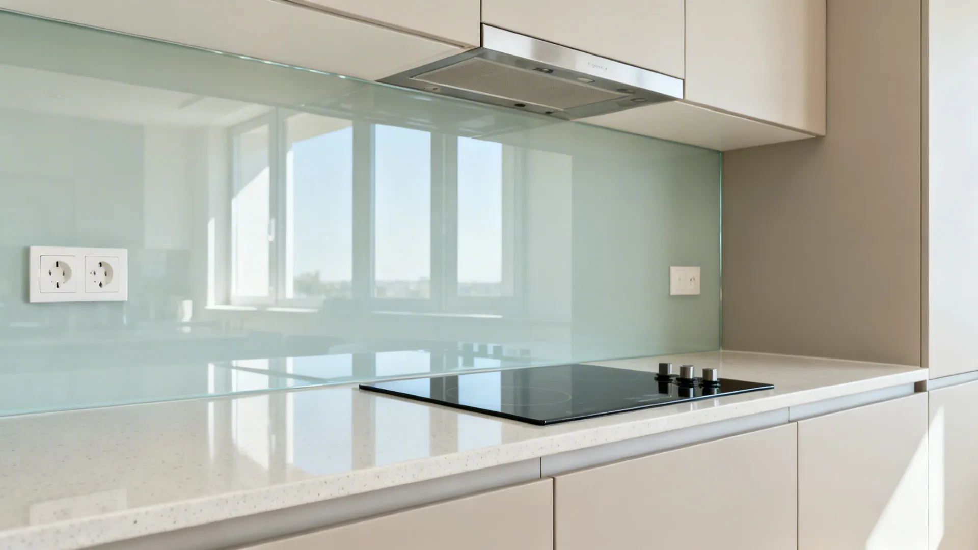 Back-painted low-iron glass backsplash reflecting light in a compact kitchen.