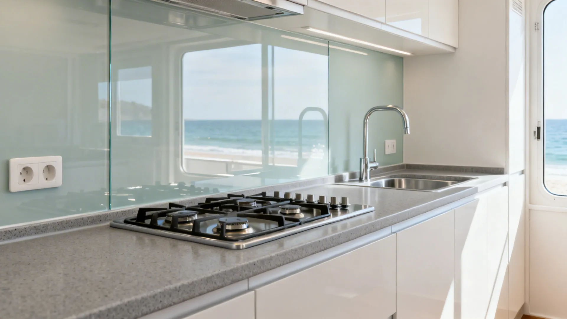 Kitchen counter with gas stove and sink featuring glass wall panel reflecting beautiful sea view