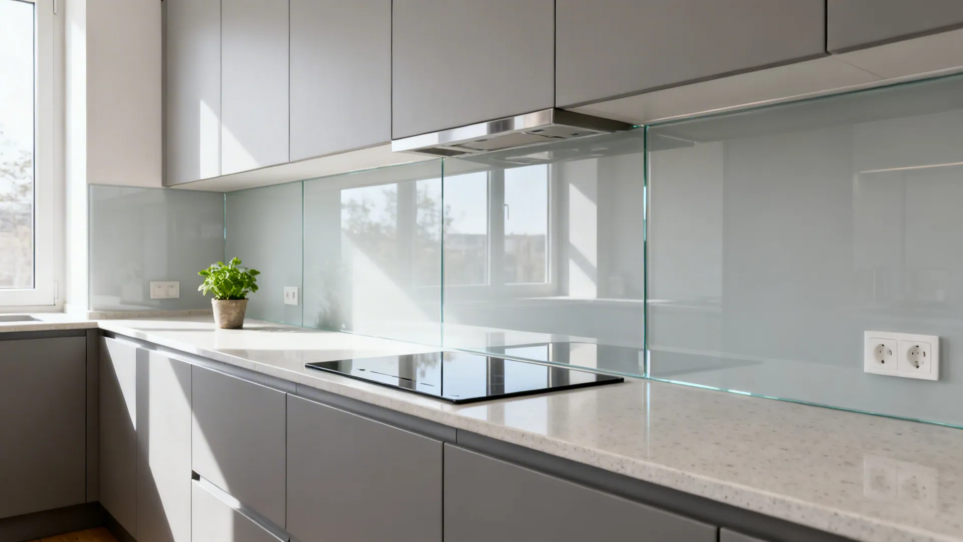 Small galley kitchen with a reflective low-iron glass backsplash brightening the space.